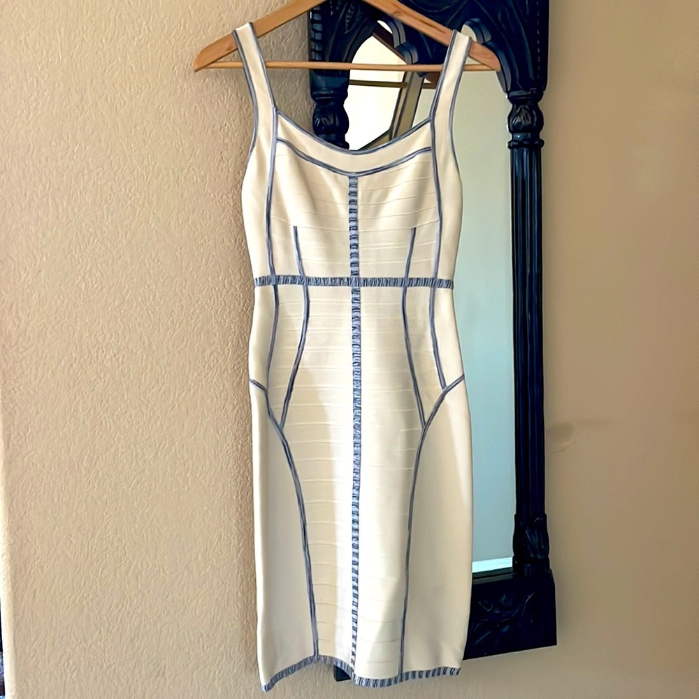 Herve Leger midi dress in cream and blue